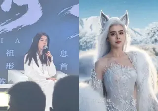 王祖贤现身广州活动（左图），亲回授权AI肖像的争议。右图为王祖贤在游戏《倩影》里的狐仙扮相。（互联网）