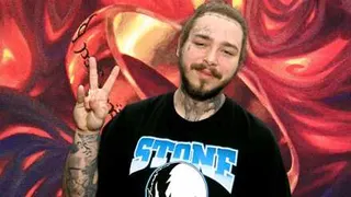 Post Malone looks happy and makes a peace sign, superimposed on a detail of the illustration of the One Ring card, showing a golden ring