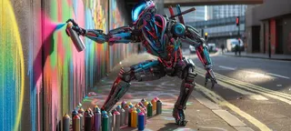 A colorful cyborg sprays graffiti on a mural wall beside rows of paint cans outdoors.