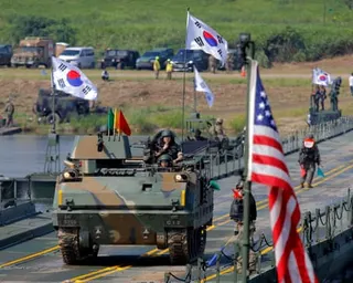 US and South Korean soldiers take part in a joint bridging drill near the Southern Han River in Yeoju, South Korea in 2025.