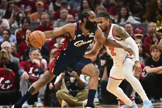 May 25, 2026; Cleveland, Ohio, USA; Cleveland Cavaliers guard James Harden (1) moves the ball while defended by New York Knicks guard Miles McBride (2) in the second quarter during game four of the eastern conference finals for the 2026 NBA playoffs at Rocket Arena. Mandatory Credit: Ken Blaze-Imagn Images