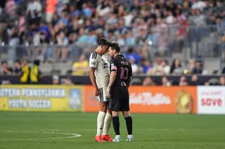 Lionel Messi squares up to Quinn Sullivan during Inter Miami’s 2-2 draw away at Philadelphia Union. Photo: Imagn Images