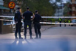 UPPSALA, SWEDEN - APRIL 29: Police investigate the scene of a shooting on April 29, 2025 in Uppsala, Sweden. Three people were killed and several injured at a hair salon before the shooter fled on a scooter. The suspect is still at-large. (Photo by Jonas Gratzer/Getty Images)