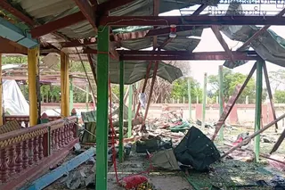 Debris litters a Buddhist monastery after an airstrike hit Swel Le Oh village in Myaung Township, Sagaing Region, Myanmar, on Friday. Photo: AP