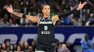 Natasha Cloud celebrates during a Chicago Sky game against the New York Liberty.