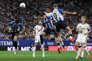 BARCELONA, SPAIN - AUGUST 22: Jude Bellingham of Real Madrid scores his team’s first goal during the LaLiga EA Sports 2026/27 match between RCD Espanyol de Barcelona and Real Madrid at RCDE Stadium on August 22, 2026 in Barcelona, Spain. (Photo by David Ramos/Getty Images)