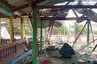 Debris litters a Buddhist monastery after an airstrike hit Swel Le Oh village in Myaung Township, Sagaing Region, Myanmar, on Friday, Aug. 21, 2026. [Ko Nway Oo/AP]