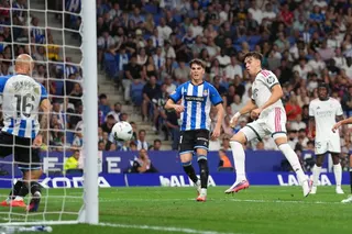 BARCELONA, SPAIN - AUGUST 22: Carlos Espi of Real Madrid scores his team’s second goal during the LaLiga EA Sports 2026/27 match between RCD Espanyol de Barcelona and Real Madrid at RCDE Stadium on August 22, 2026 in Barcelona, Spain. (Photo by Alex Caparros/Getty Images)