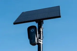 Flock license plate reader and camera with solar panel against a blue sky, Pleasant Hill, California, April 16, 2026.