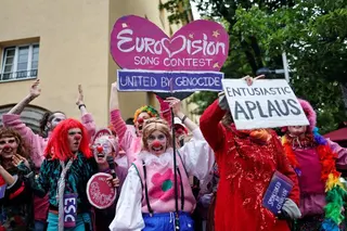 People protest against Eurovision and Israel's participation ahead of the Grand Final of the 2026 Eurovision Song Contest in Vienna, Austria, on May 16, 2026. [Lisa Leutner/Reuters]
