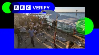 A photo from a cafe in western Gaza, following an Israeli strike, in a BBC Verify branded border.