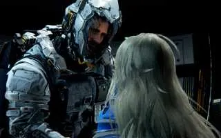 Hugh, in a futuristic space suit, looks at Diana in Pragmata