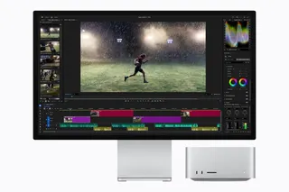 Mac Studio with M5 Ultra shows an Adobe Premiere screen featuring an athlete running in the rain.