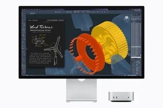 Mac mini with M5 Pro is shown with a display running AutoCAD.