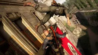A Nazi falls out a window in Sniper Elite 5.