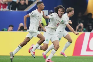Morocco's Azzedine Ounahi, left, celebrates scoring his side's opening goal with Ayyoub Bouaddi during the World Cup round of 16 soccer match between Canada and Morocco in Houston, Saturday, July 4, 2026. (AP Photo/Eric Gay)