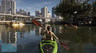 A screenshot from the Grand Theft Auto VI Netflix special showing Lucia kyaking
