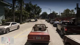 A screenshot from the Grand Theft Auto VI Netflix special showing Jason and Lucia driving a car through traffic