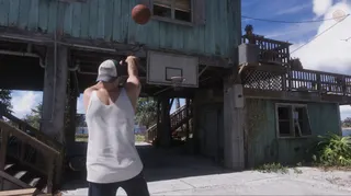 A screenshot from the Grand Theft Auto VI Netflix special showing Jason playing basketball