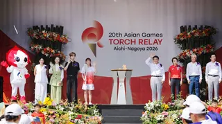 Japanese three-time Olympic wrestling gold medallist Saori Yoshida (centre) serves as the first torchbearer in the Aichi-Nagoya Asian Games torch relay in Nagoya city August 22, 2026. — Jiji Press/AFP pic