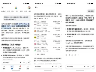 Google AI Mode可直接以對話方式搜尋航班，並列出票價、時間與航空公司等資訊，使用者也能進一步設定票價追蹤。測試截圖畫面