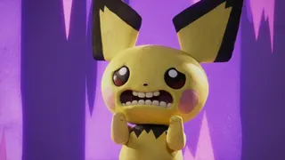 Close-up of a scared, clay-animated Pikachu with wide eyes and bared teeth against a blurry purple background.
