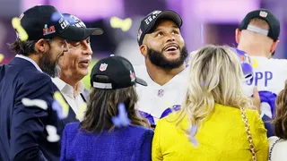 Aaron Donald #99 of the Los Angeles Rams looks up during the trophy ceremony during Super Bowl LVI at SoFi Stadium on February 13, 2022 in Inglewood, California. The Los Angeles Rams defeated the Cincinnati Bengals 23-20.