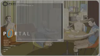 An alternate main menu screen for the video game Portal 2, featuring the game's logo and menu options like "New Game," "Matchmaking," and "Quit," set against an illustration of a domestic scene with mannequins.