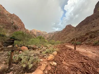 美國大峽谷明亮天使溪29日在暴雨後引發洪水。（美聯社）
