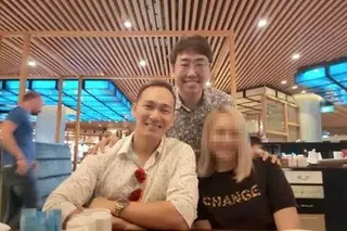 Takeshi Lim Jian Bin (centre) with his “brother and sister”, Jason Fong Wai Hong (left) and his then wife, at a restaurant in 2022.