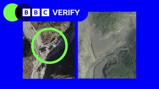 Side-by-side satellite images of a Tibet-Nepal border crossing. The earlier image shows border facilities; the later image shows the same location covered by mud and debris.