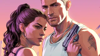 GTA 6 weapons: Artwork of Lucia leaning against Jason, holding a Nipper 38 pistol against his chest.