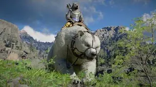 A player rides the White Bear legendary mount in Crimson Desert.