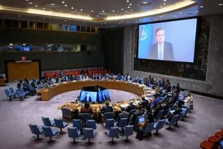 联合国图片：汤姆·弗莱彻在安理会会议厅通过屏幕向安理会通报苏丹和南苏丹的情况。
