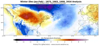 ERA5 surface temperature anomaly composite for the United States and Canada during past Super El Niño winters