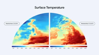 A comparison shows a pixelated image of temperature differences on the left with Google’s older AI weather model, compared to a sharper image on the right representing forecasts from the new WeatheNext 3 model