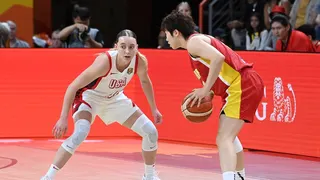 Paige Bueckers defends during USA Women's National Team game against China at FIBA Women's Basketball World Cup in Berlin.