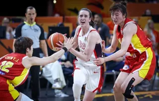 USA’s Caitlin Clark battles China’s Luo Xinyu for the ball during their Fiba Women’s Basketball World Cup group-stage game in Berlin on Friday.