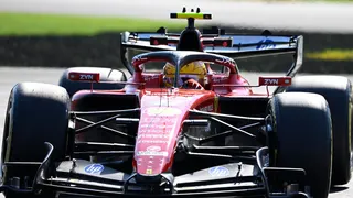 A close-up of Lewis Hamilton driving the Ferrari during Friday practice for the Italian Grand Prix
