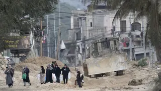 File photo of residents of the West Bank refugee camp of Nur Shams, near Tulkarem, evacuating their homes taken February 11, 2025