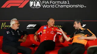 (left to right) Alpine's Flavio Briatore, Ferrari's Frederic Vasseur, McLaren's Andrea Stella