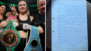 A split image. On the left is an image of Katie Taylor holding her world title belts, with a letter from Katie Taylor to Deirdre Gogarty on the right.