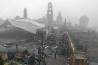 A drone view shows damage following a fireworks explosion during patron saint festivities honoring the Virgin of the Light, which left several people dead and others injured, in the community of Santa Maria Canchesda, Temascalcingo municipality, State of Mexico, Mexico, September 6, 2026. REUTERS/Luis Cortes