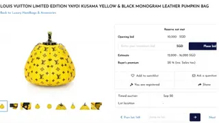 估价1万2000新元至1万6000新元的路易威登（Louis Vuitton）与草间弥生联名南瓜包。（图：Hotlotz网站）
