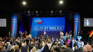 A crowd waves German flags in front of a stage which has a blue background and AfD's logo.